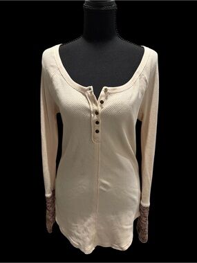 Free People Newbie Cream Waffle Henley with Lace Cuffs